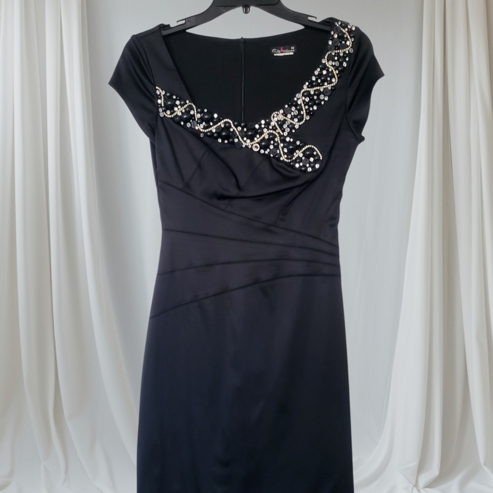 Pencil Style Body-Con Satin Touch Full Beaded Details Midi Dress Black Color